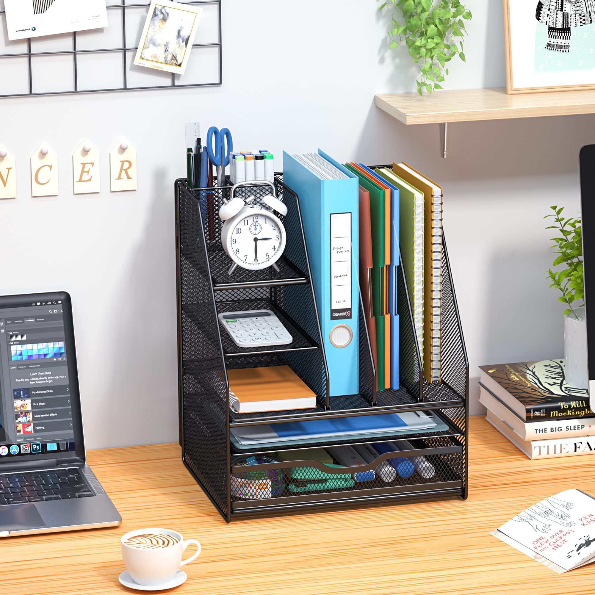 Office Desk Organizer with 3 Vertical File Holder, 5-Tier Paper Letter Tray Organizer with Drawer and 2 Pen Holder