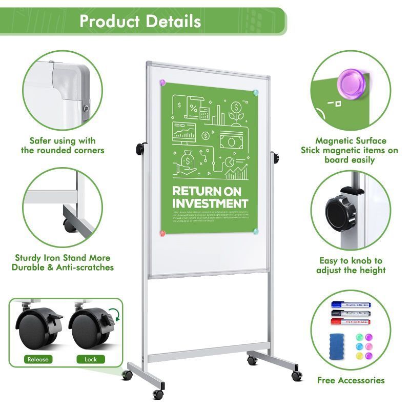 Mobile Whiteboard Height Adjustable Dry Erase White Board Double-Sided Magnetic Whiteboard with Stand for Office Home Classroom