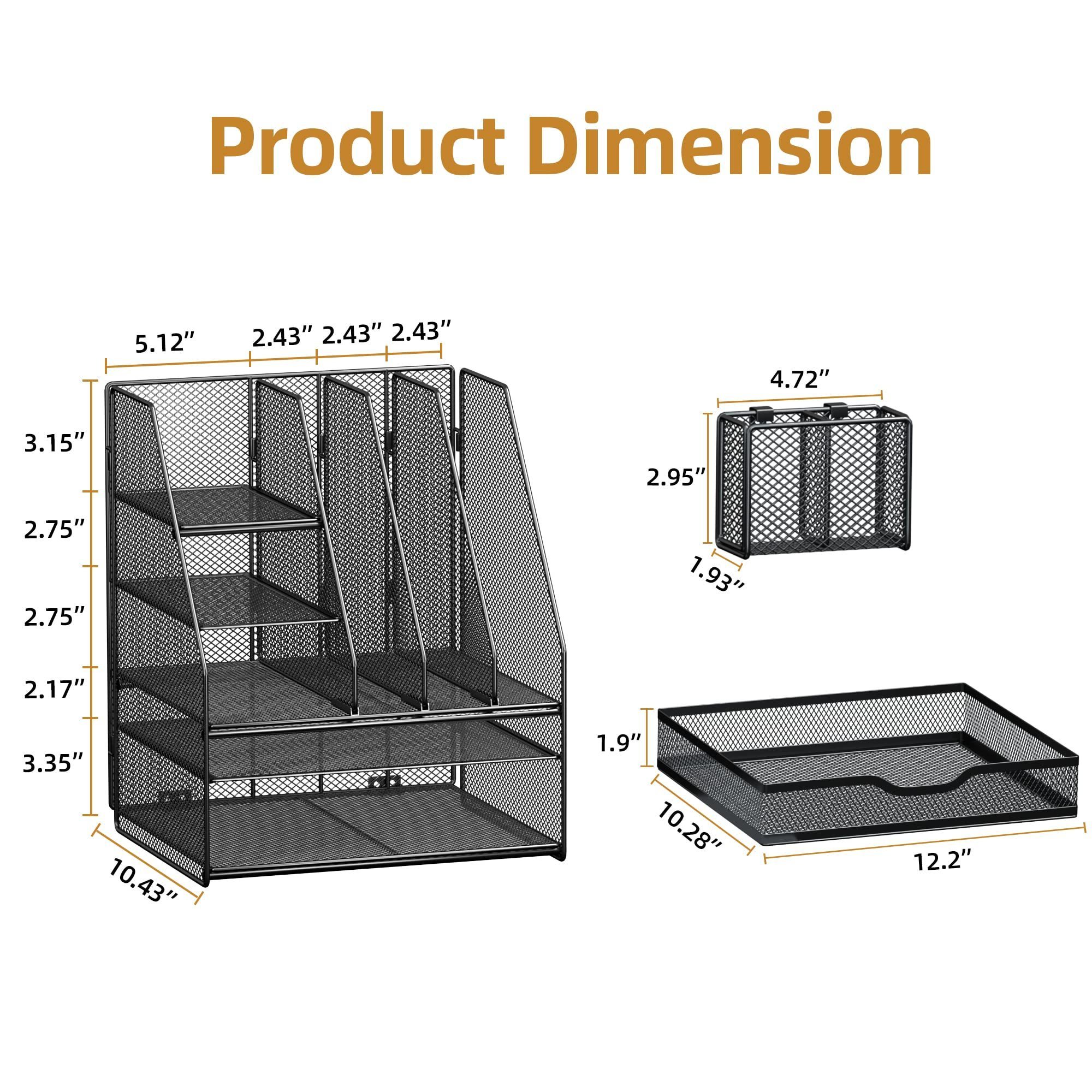 Office Desk Organizer with 3 Vertical File Holder, 5-Tier Paper Letter Tray Organizer with Drawer and 2 Pen Holder