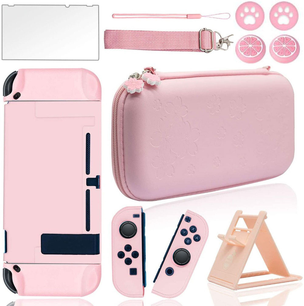 Pink Travel Carrying Case Waterproof Pouch Accessories Kit For Nintendo Switch With Hard Protective Cover Glass Screen Protector