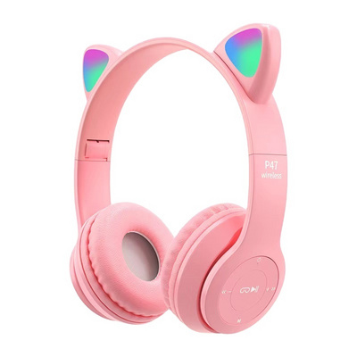 LED Cute P47  Cat Ears Headphones BT5.0 Wireless Headset With Mic Kid Girl Stereo Music Earbud Phone Earphone Gift