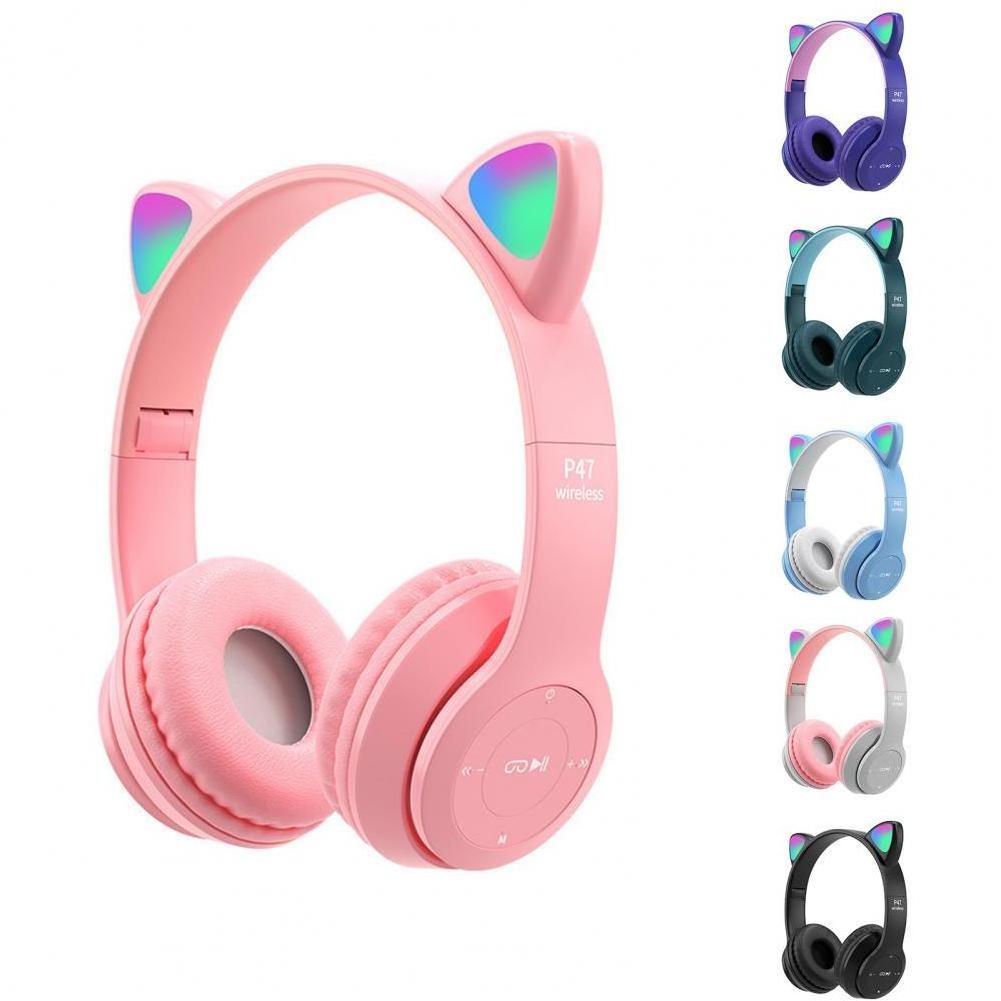 LED Cute P47  Cat Ears Headphones BT5.0 Wireless Headset With Mic Kid Girl Stereo Music Earbud Phone Earphone Gift