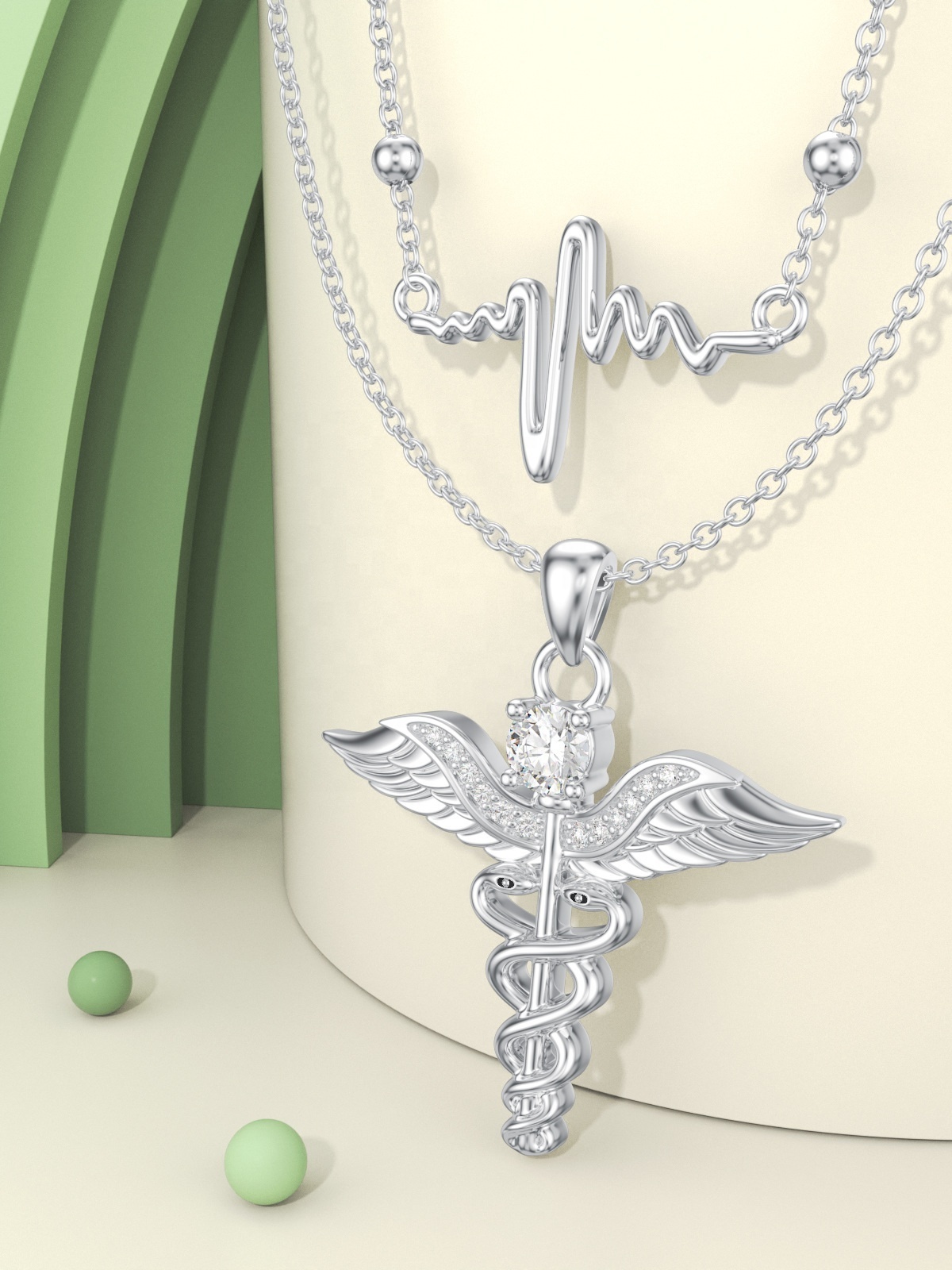 Guardian Angel Wings Doctor Nurse Necklace 925 Sterling Silver Zirconia Heartbeat Angel Staff Double Pendant Jewelry Necklace