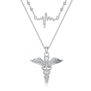 Guardian Angel Wings Doctor Nurse Necklace 925 Sterling Silver Zirconia Heartbeat Angel Staff Double Pendant Jewelry Necklace