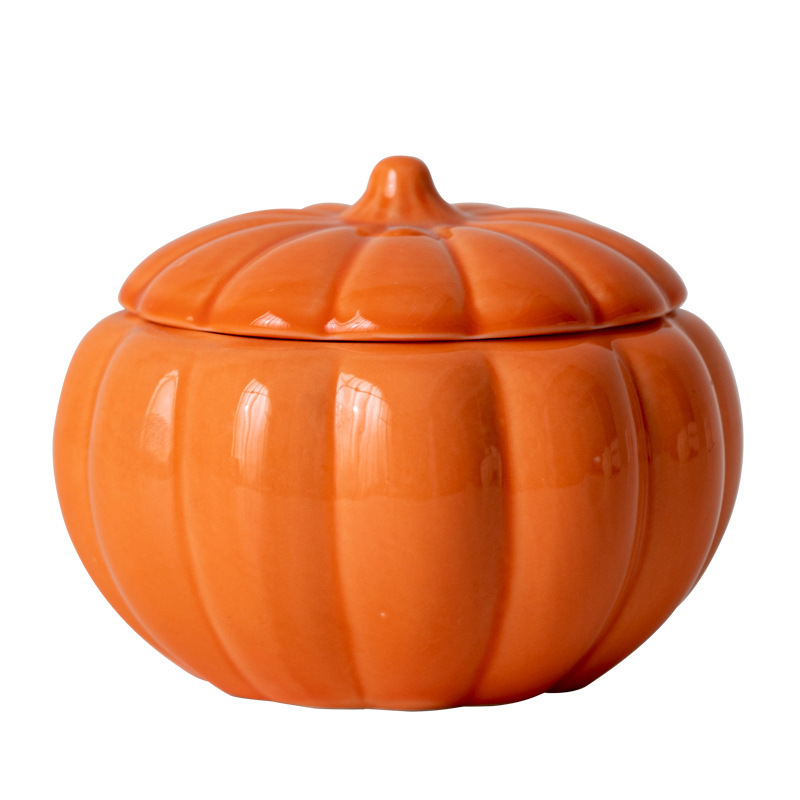 Pumpkin Shape Ceramic Candle Holder Halloween Candlestick Holder Soup Bowl with Lid for Thanksgiving Home Table Decoration