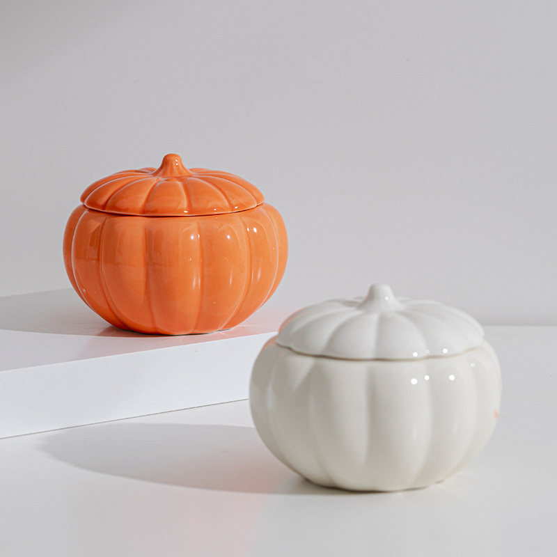 Pumpkin Shape Ceramic Candle Holder Halloween Candlestick Holder Soup Bowl with Lid for Thanksgiving Home Table Decoration