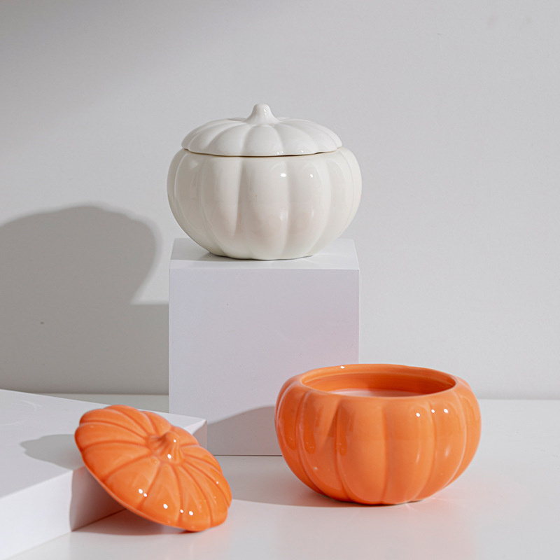 Pumpkin Shape Ceramic Candle Holder Halloween Candlestick Holder Soup Bowl with Lid for Thanksgiving Home Table Decoration