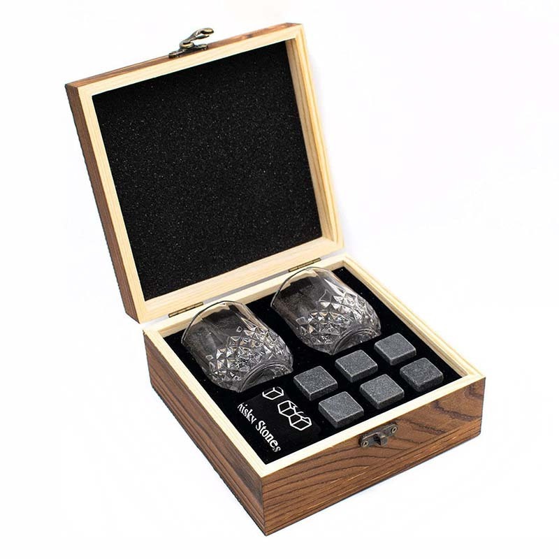 Custom Old Fashioned Whiskey Glass and Stones Gift Set for Men Wooden Box