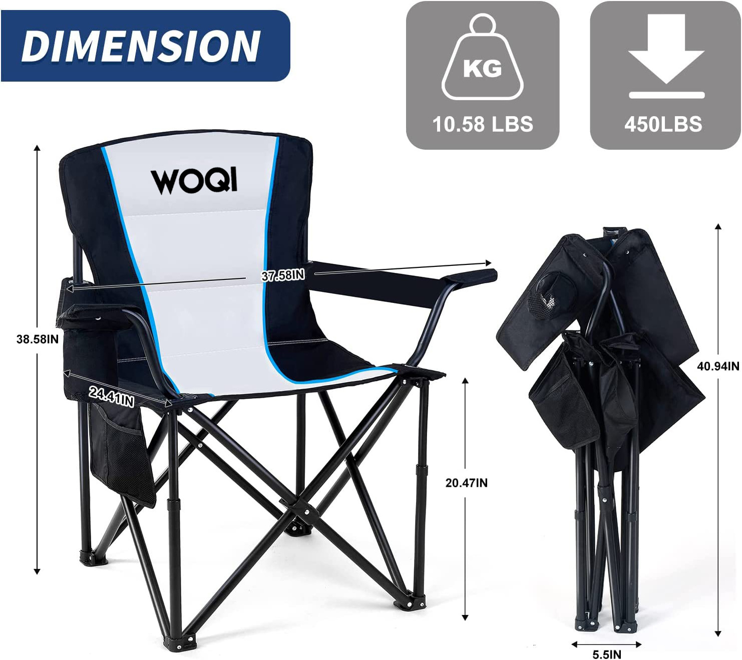 WOQI Camping Folding Chair Oversized Padded Quad Arm Chair Collapsible Steel Frame Heavy Duty Portable Outdoor Chair