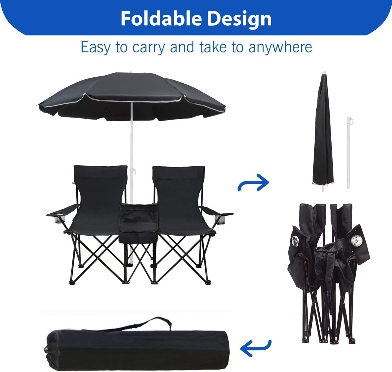 WOQI Wholesale High Quality Umbrella Beach Sun Shade Double Seats aluminum beach chair