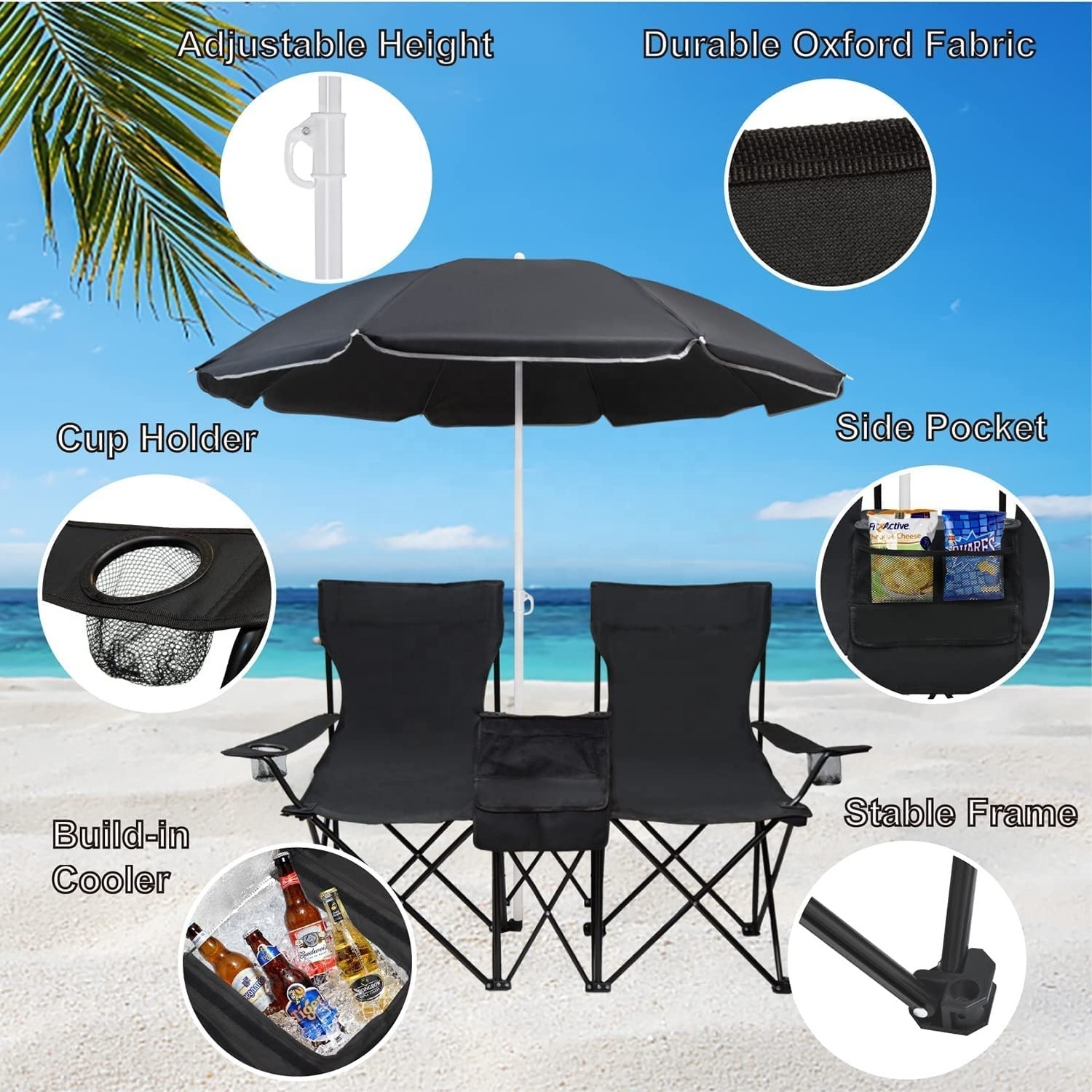 WOQI Wholesale High Quality Umbrella Beach Sun Shade Double Seats aluminum beach chair