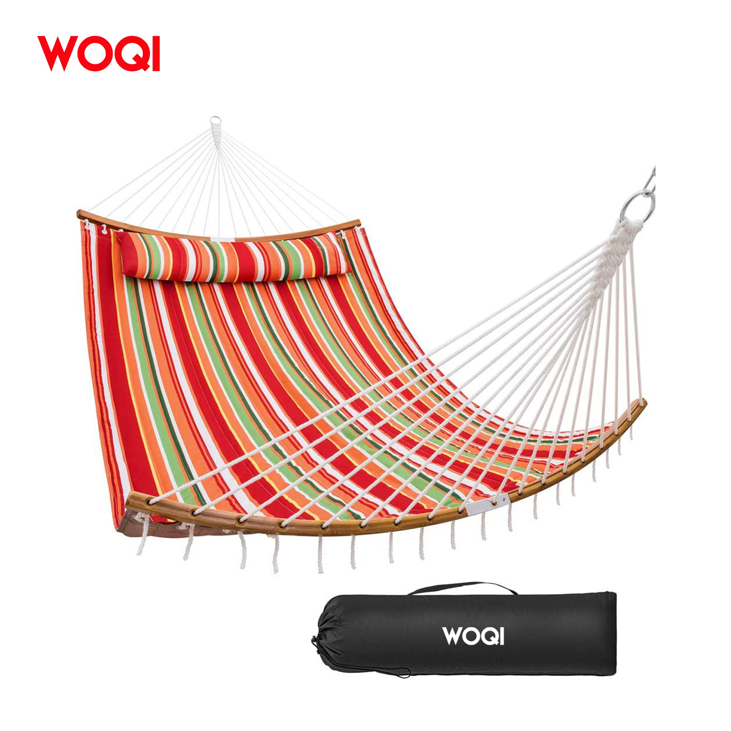 WOQI Double Hammock Quilted Fabric Swing with Strong Curved-Bar Bamboo Large Hammocks with Carrying