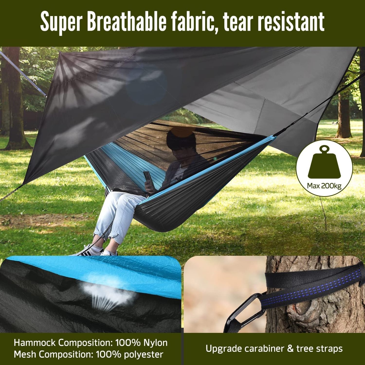 WOQI Wholesale 200 kg Load Capacity Ultralight Breathable Hammock with Mosquito Net and Tent Tarpaulin