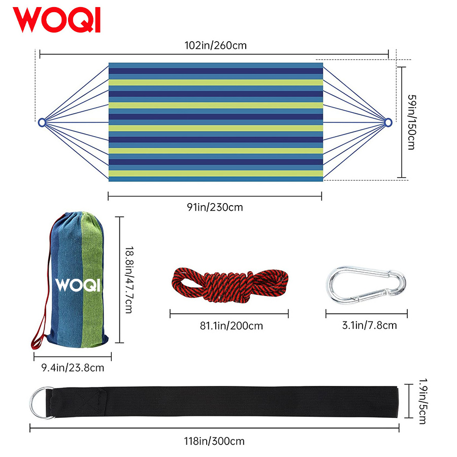 WOQI twin cotton canvas portable hammock with travel bag, perfect for outdoor/indoor terrace backyard camping