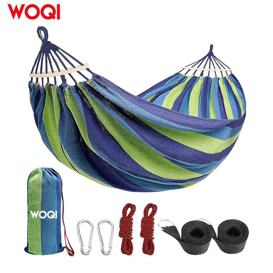 WOQI twin cotton canvas portable hammock with travel bag, perfect for outdoor/indoor terrace backyard camping