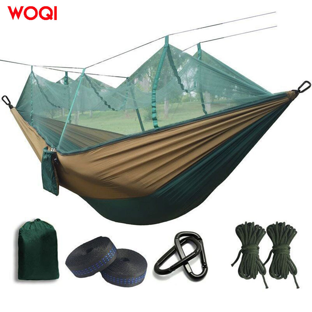 WOQI outdoor travel ultra light camping nylon parachute hammock with mosquito net sturdy canopy