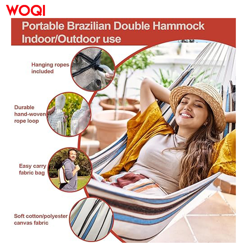 WOQI Portable Cotton Stripe Outdoor Travel Camping Hammock Terrace Beach Garden Swing