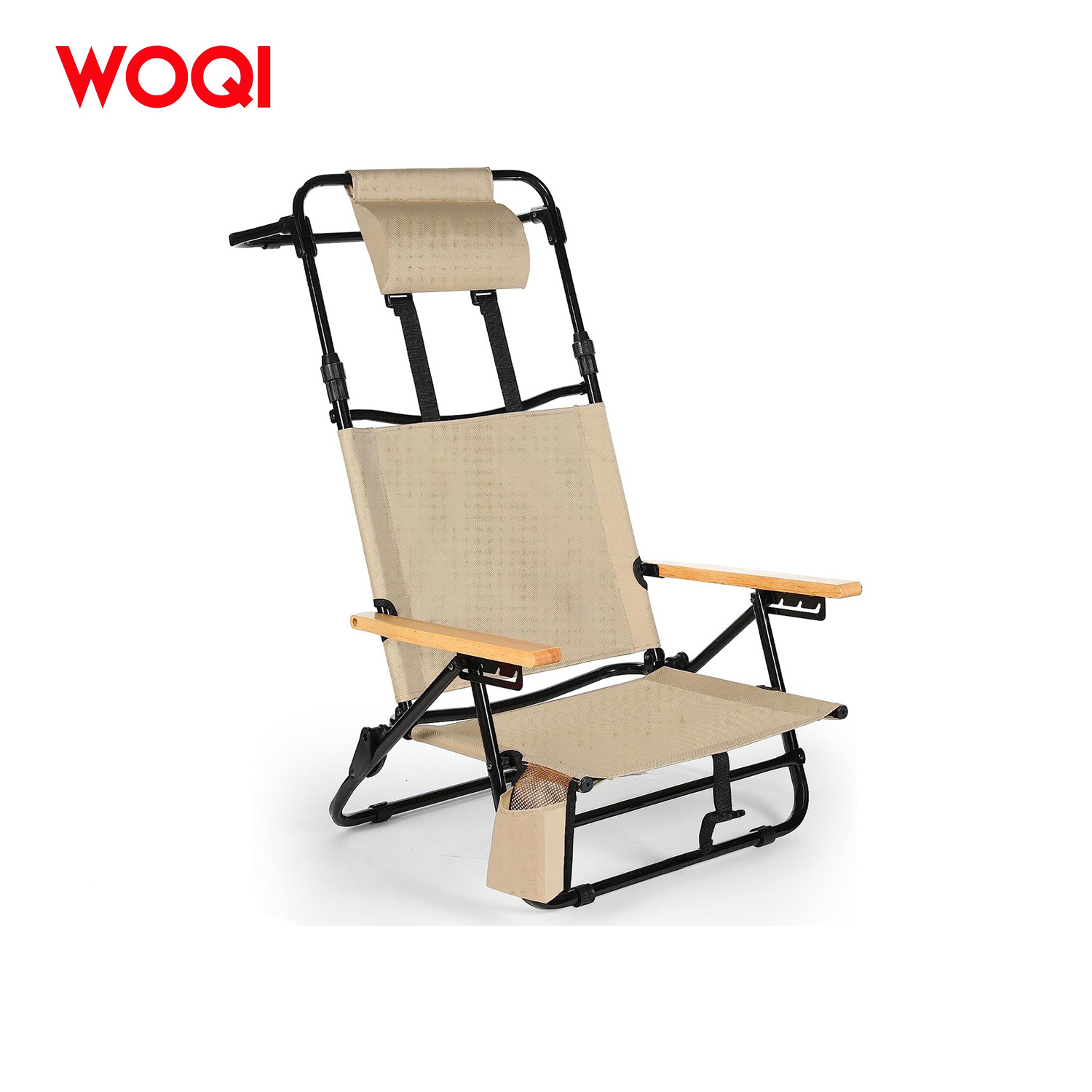 WOQI Adult Reclining Beach Chair - Retractable High Back Low Profile Beach Chair with Headrest Cooling Bag Cup Holder