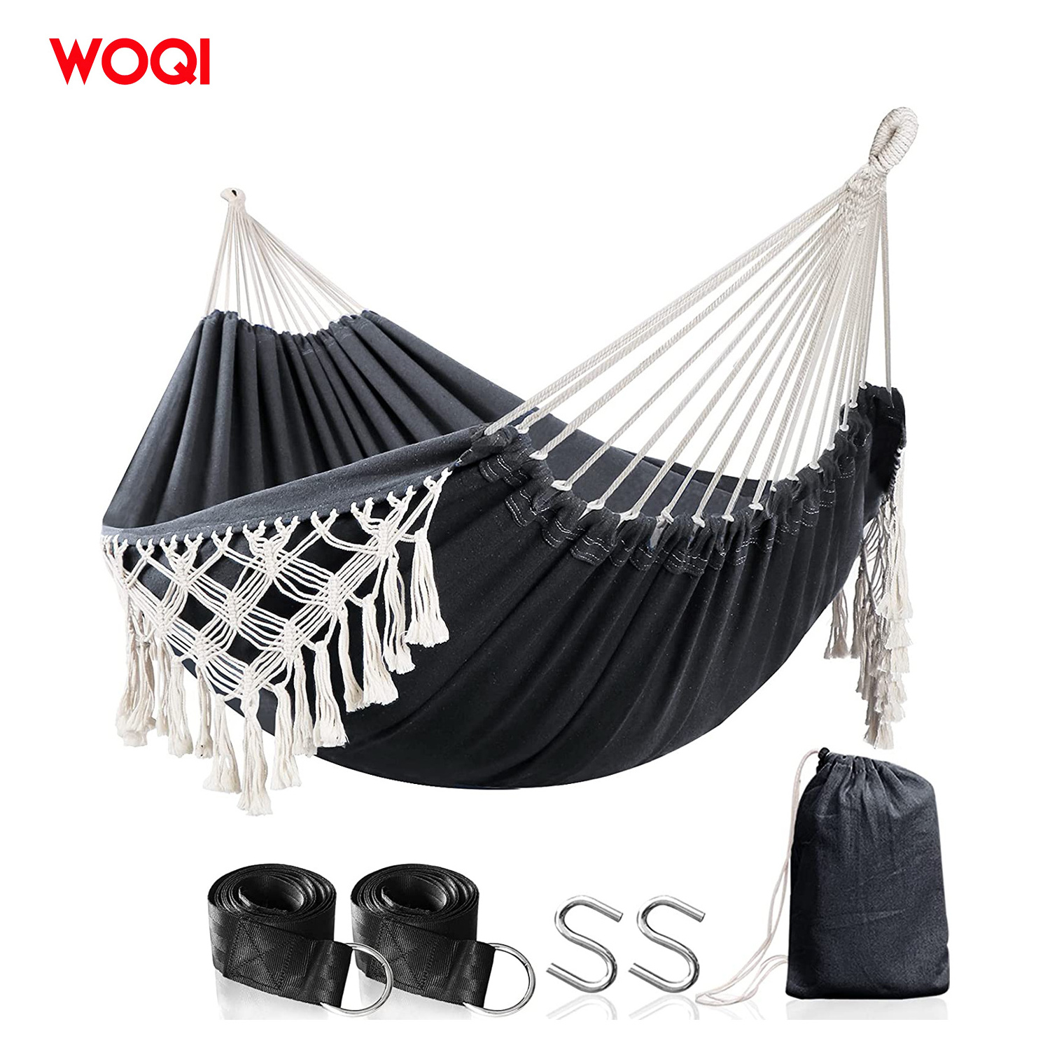 WOQI Hot sale  Outdoor and Indoor Cotton acrame hammock with Carry Bag for Bedroom Garden Backyard Patio