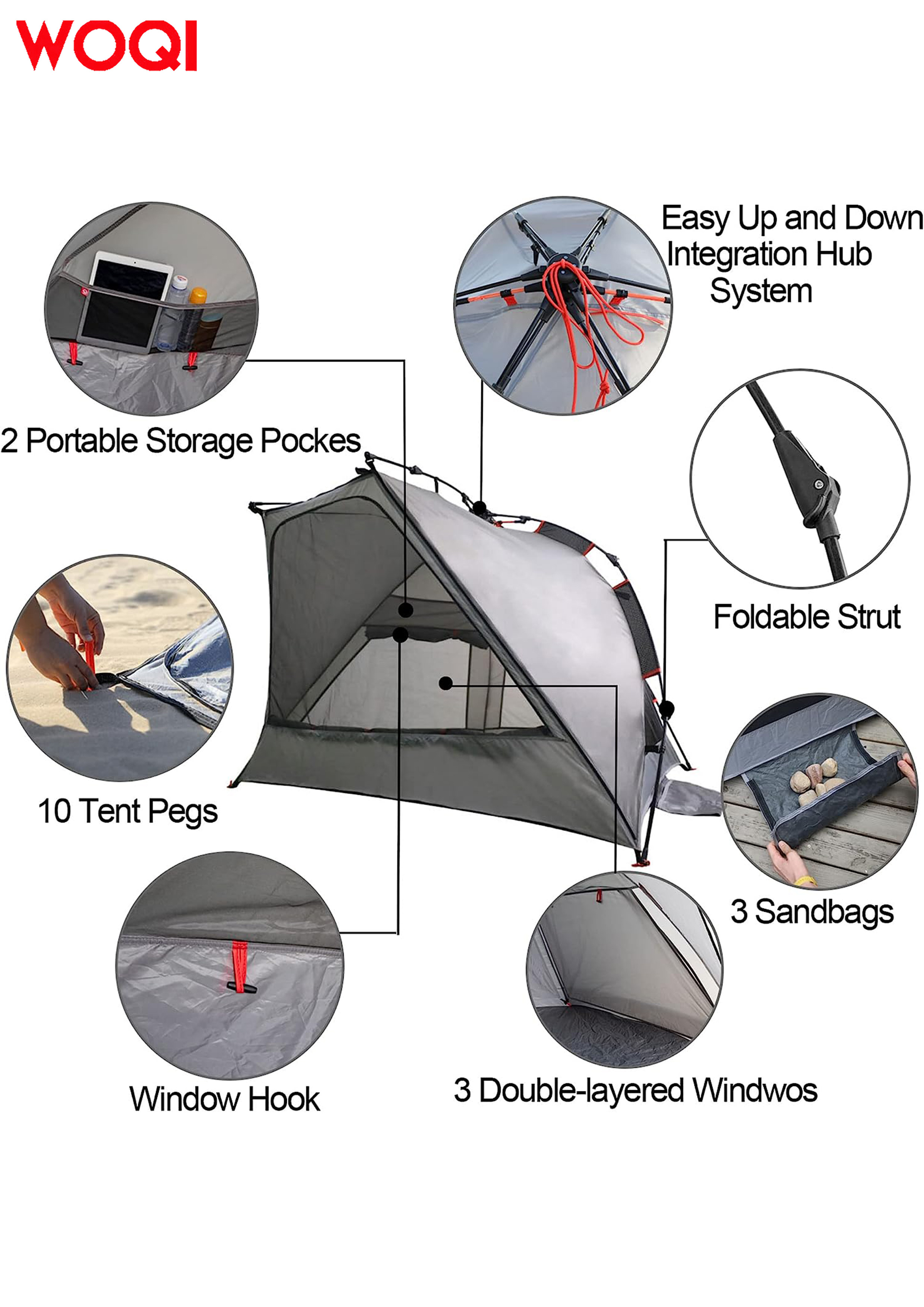 WOQI Beach Tent Sun Shelter 3-4 Person  Portable Sun Shelter, UPF 50+Waterproof and Windproof