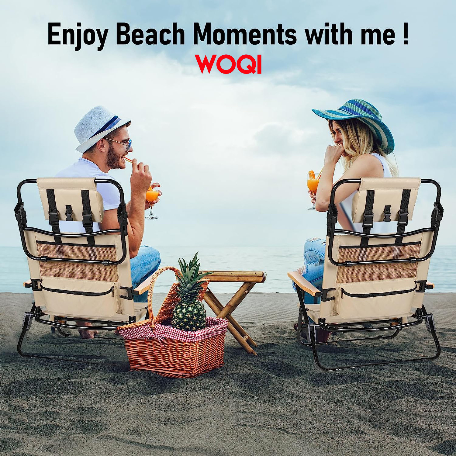 WOQI Adult Reclining Beach Chair - Retractable High Back Low Profile Beach Chair with Headrest Cooling Bag Cup Holder