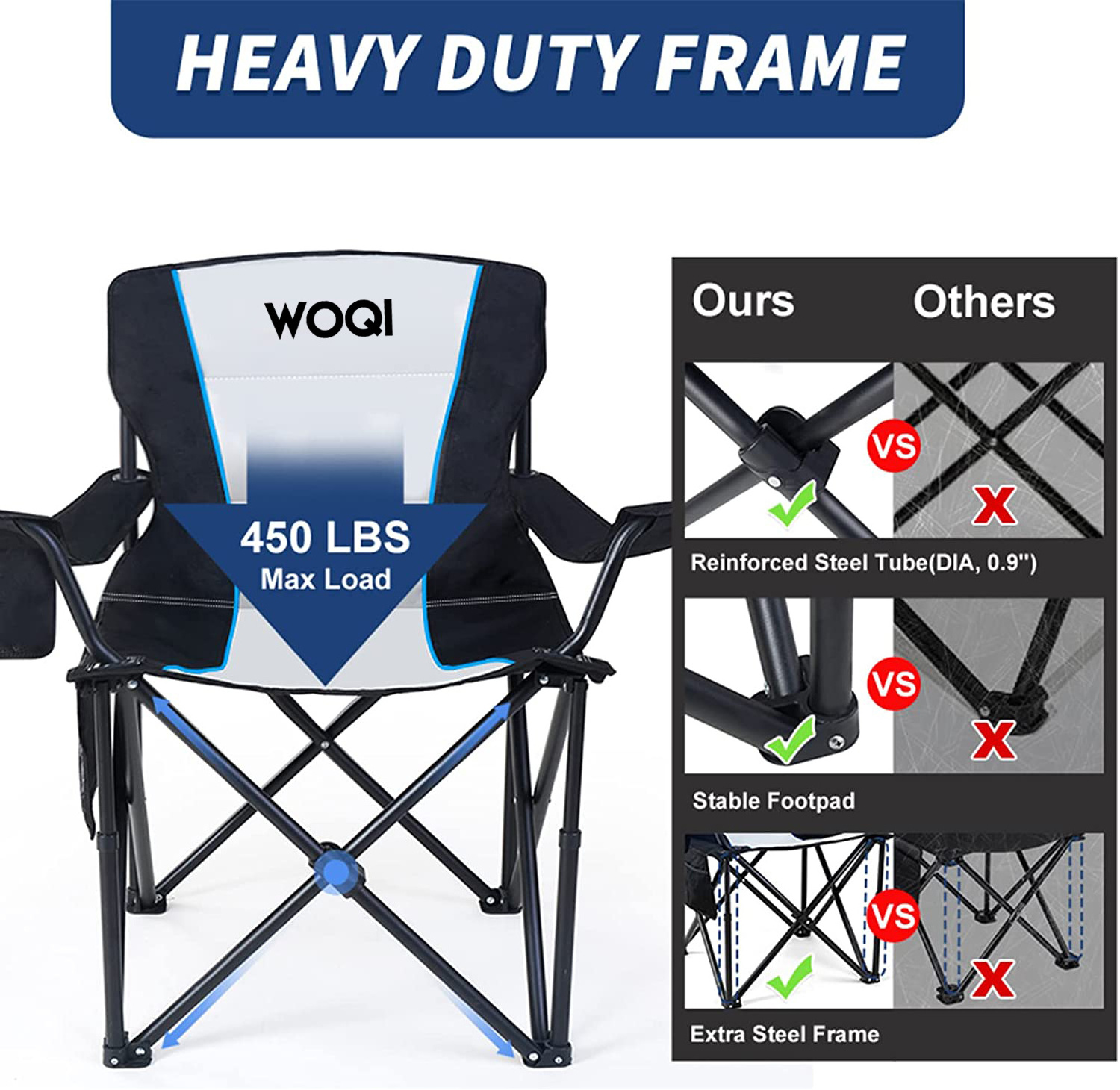 WOQI Camping Folding Chair Oversized Padded Quad Arm Chair Collapsible Steel Frame Heavy Duty Portable Outdoor Chair