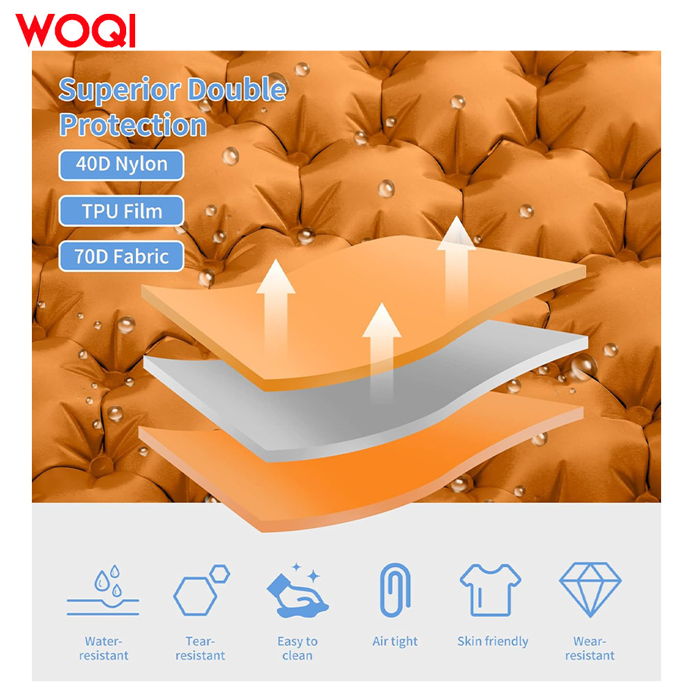 WOQI Camping Double Super Lightweight Portable Self Inflatable Sleep Cushion with Pillow and Built in Pump Suitable for Backpack