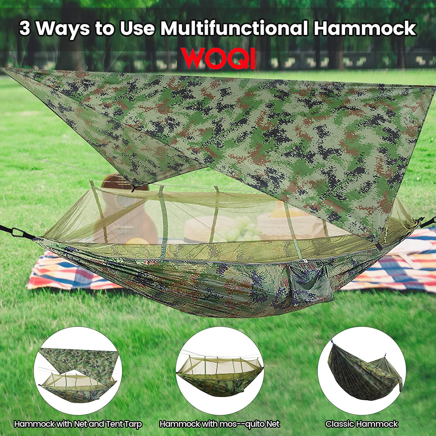 WOQI hammock camping with rain fly tar and mesh, portable camping double decker hammock 100% waterproof