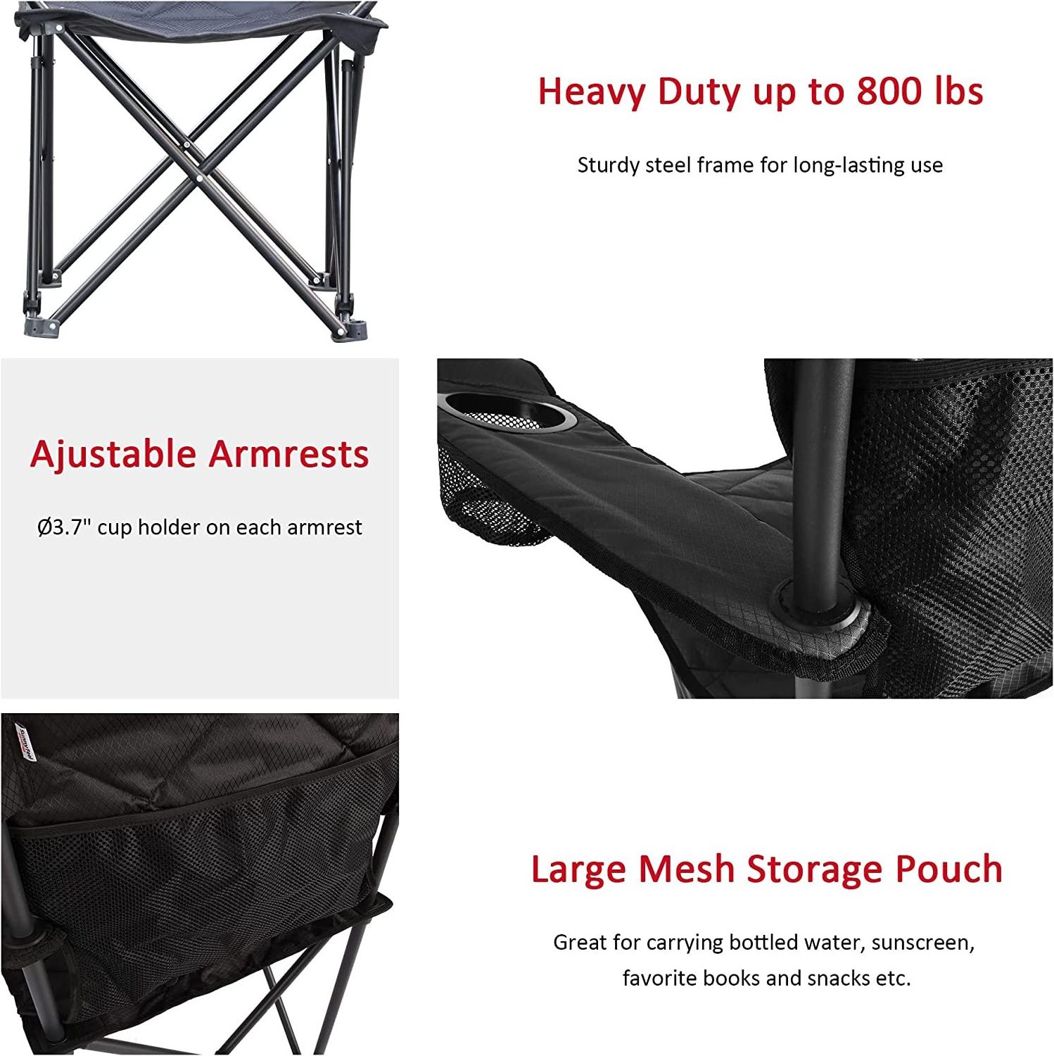 WOQI Oversized Camping Chair Heavy Duty Fit for tall people padded portable folding four lawn chairs with armrest cup holder