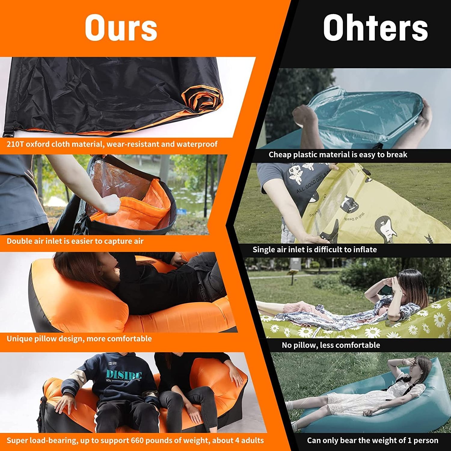 WOQI Outdoor Camping Convenient Camouflage Bean Bag With Stuff Pouch Inflatable Lazy Bag Air Sofa Bed