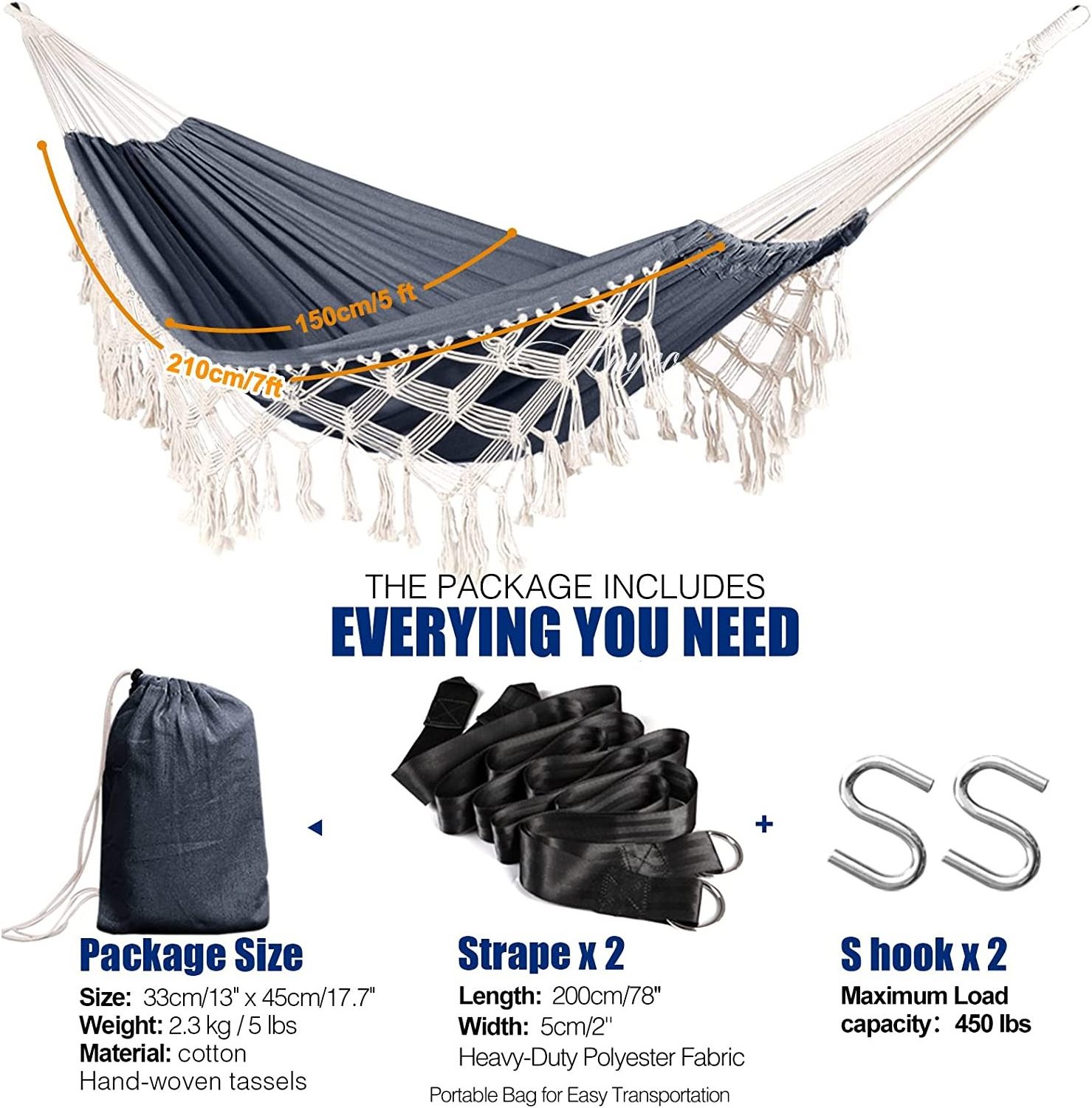 WOQI Hot sale  Outdoor and Indoor Cotton acrame hammock with Carry Bag for Bedroom Garden Backyard Patio