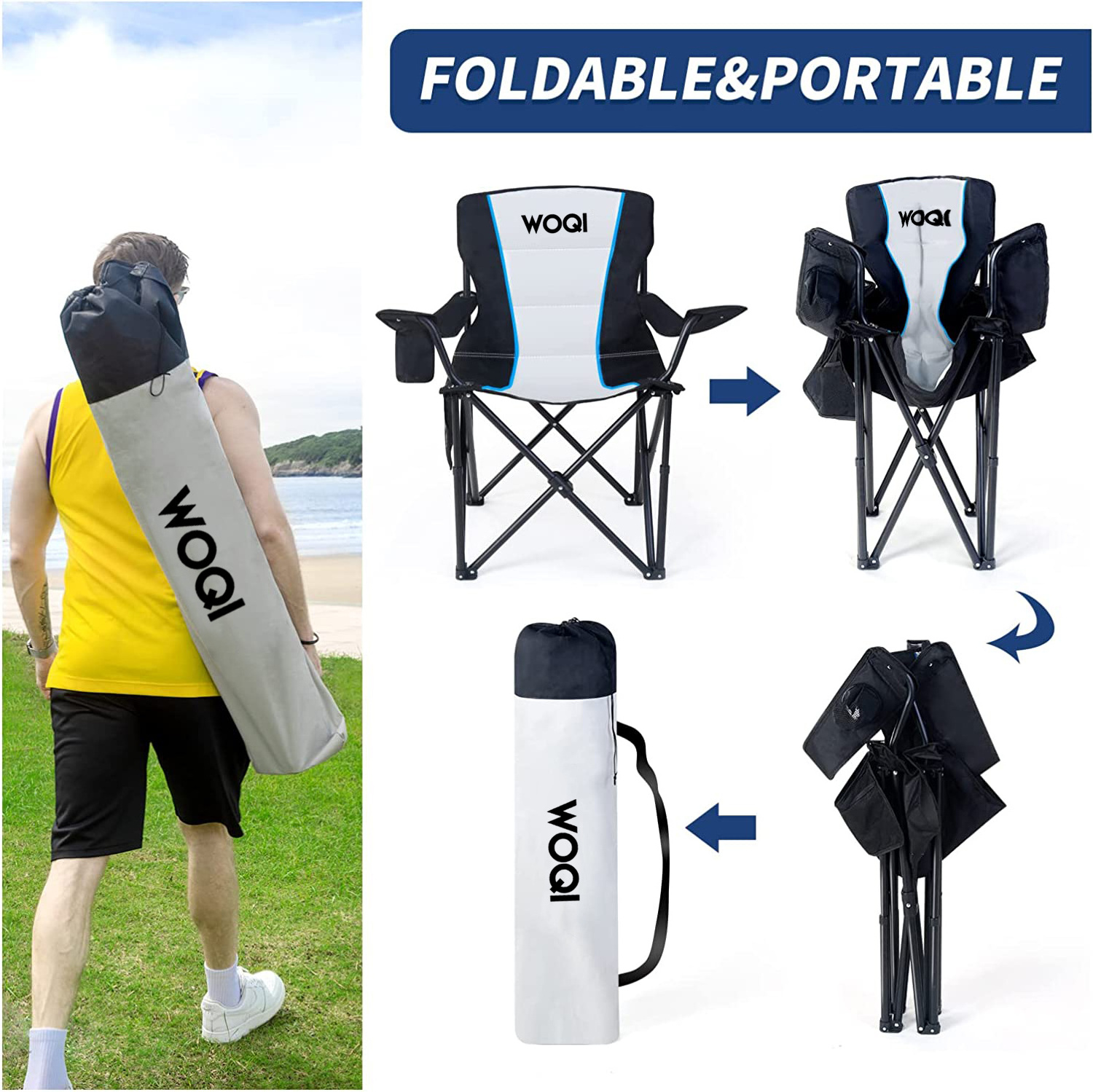 WOQI Camping Folding Chair Oversized Padded Quad Arm Chair Collapsible Steel Frame Heavy Duty Portable Outdoor Chair