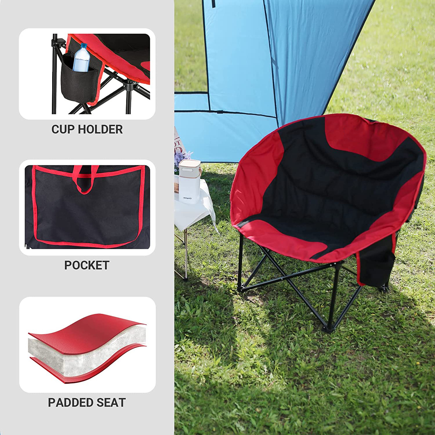 WOQI Portable Heavy Duty Comfy Sofa Chair Camping Large Folding Padded Moon Round Saucer Chair