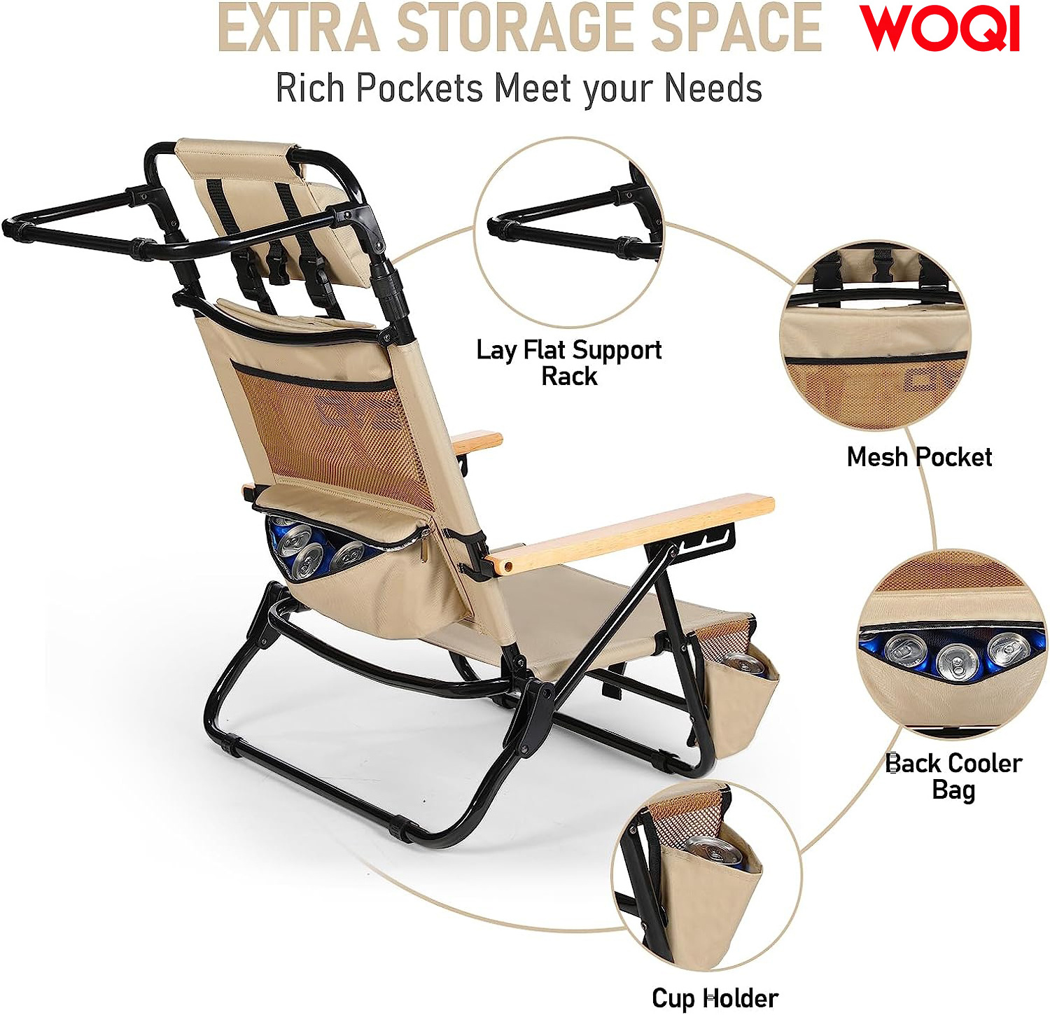 WOQI Adult Reclining Beach Chair - Retractable High Back Low Profile Beach Chair with Headrest Cooling Bag Cup Holder