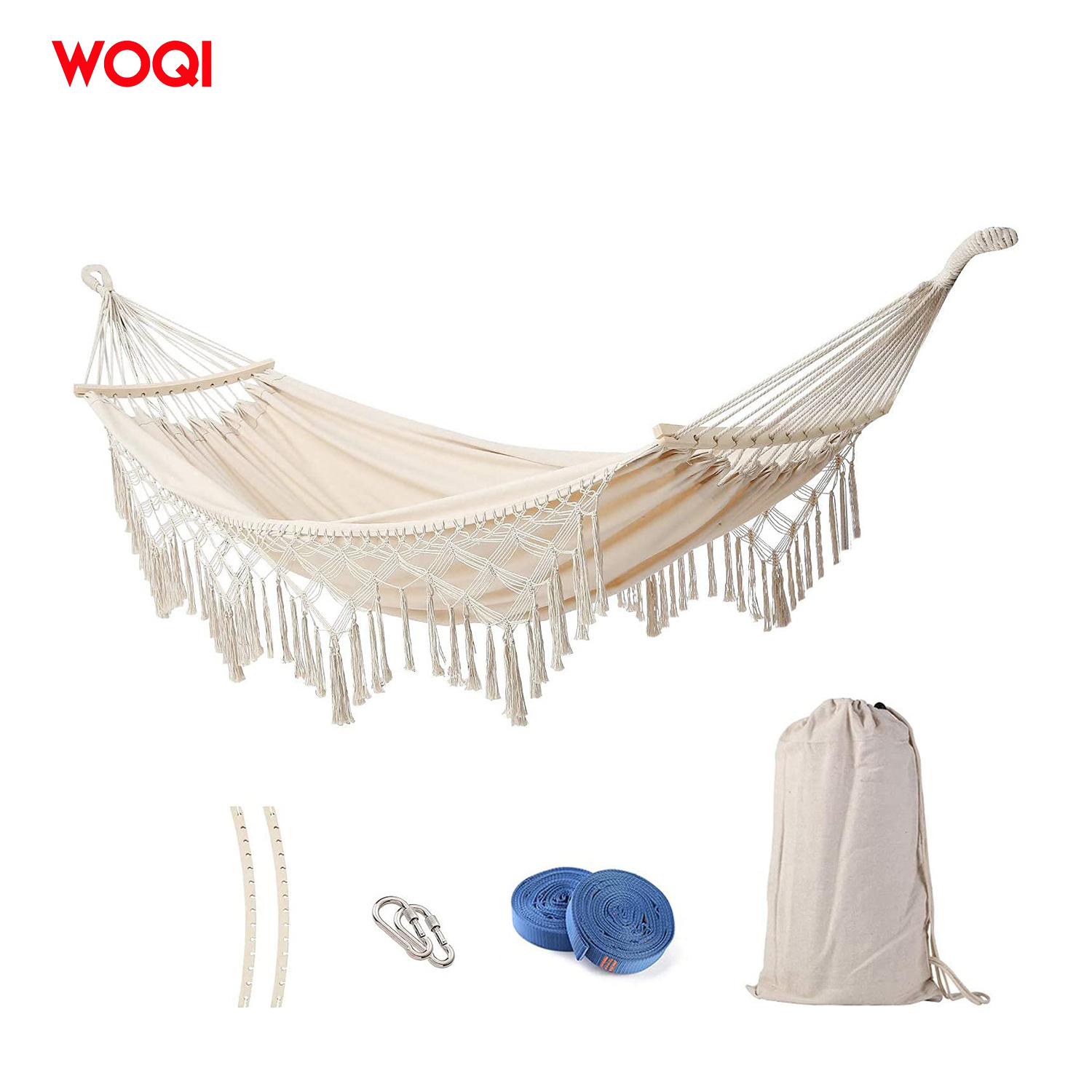 WOQI Wholesale Portable Hanging Swing Double Camping White Cotton Hammock for Indoor Outdoor