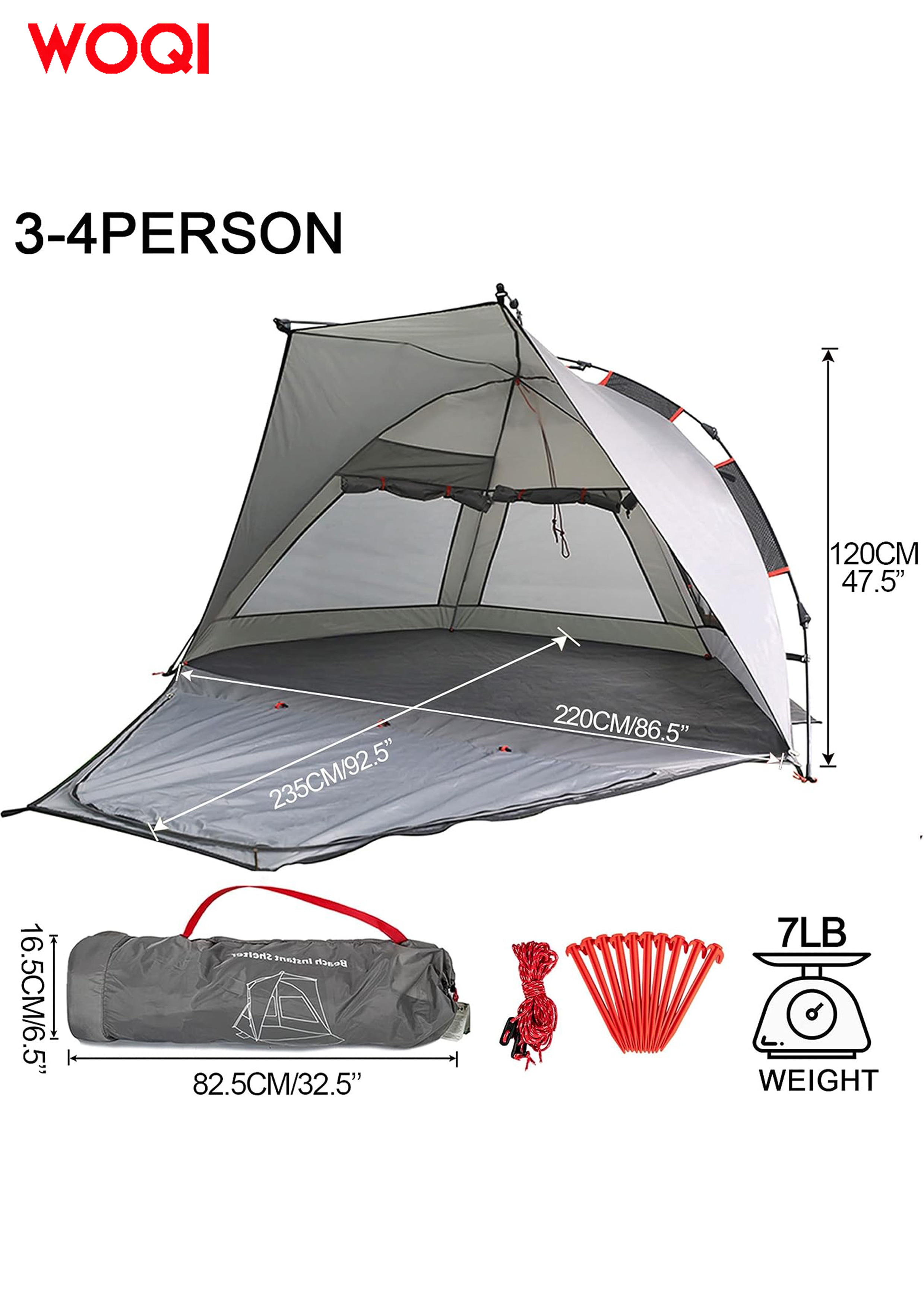 WOQI Beach Tent Sun Shelter 3-4 Person  Portable Sun Shelter, UPF 50+Waterproof and Windproof