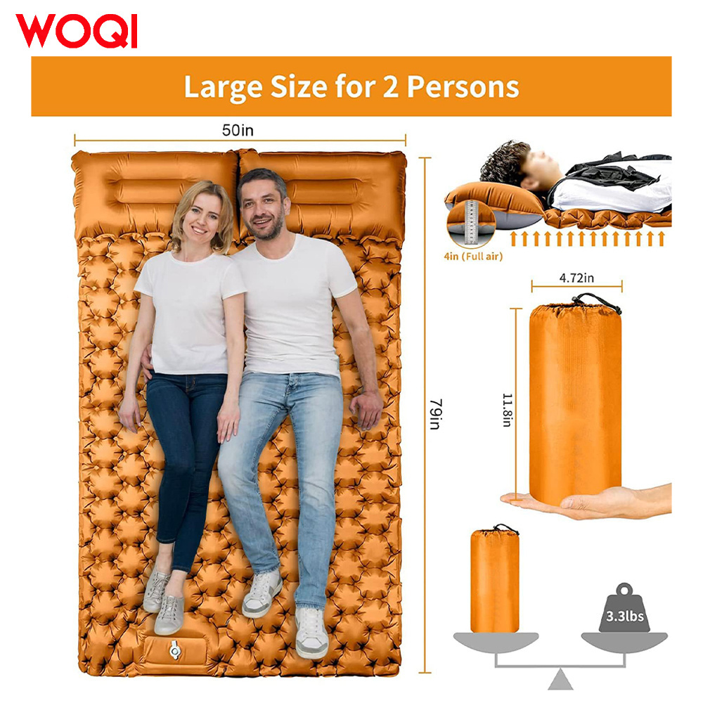 WOQI Camping Double Super Lightweight Portable Self Inflatable Sleep Cushion with Pillow and Built in Pump Suitable for Backpack