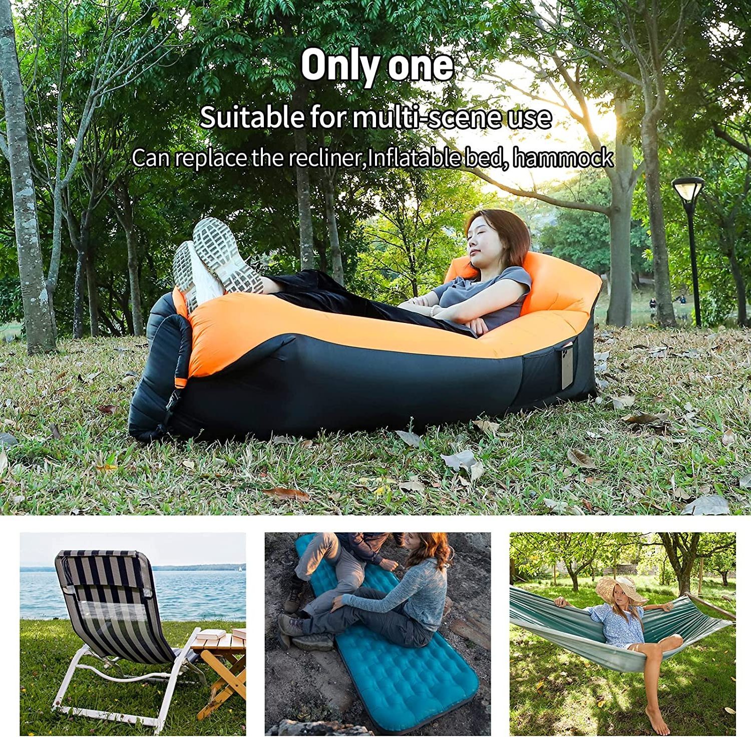 WOQI Outdoor Camping Convenient Camouflage Bean Bag With Stuff Pouch Inflatable Lazy Bag Air Sofa Bed