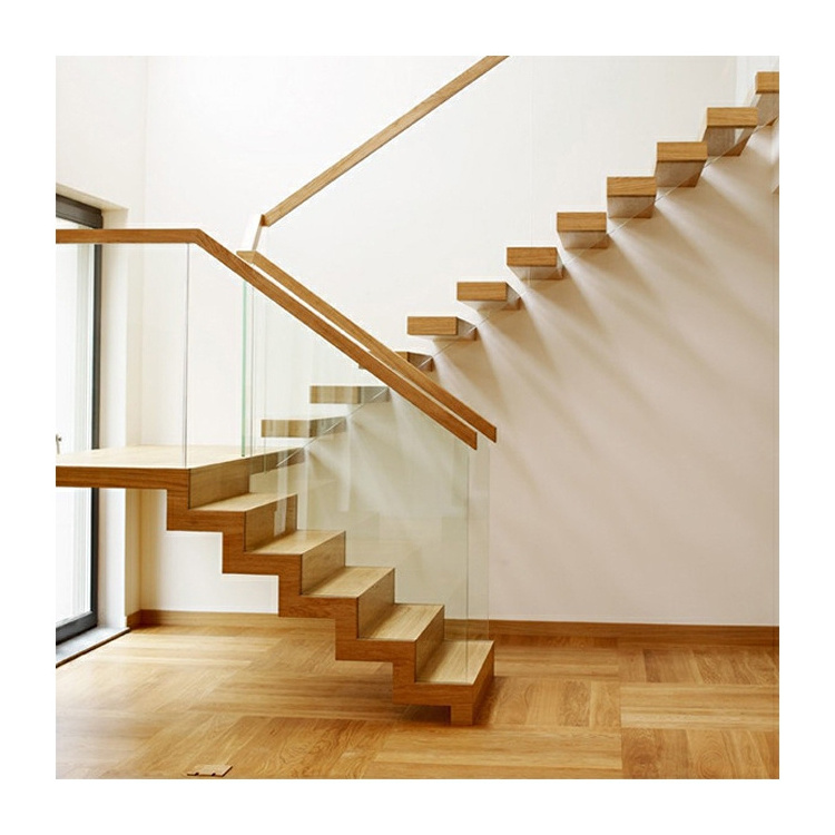 Oak veneer floating staircase curved wooden staircase black floating stairs