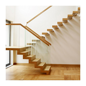 Oak veneer floating staircase curved wooden staircase black floating stairs