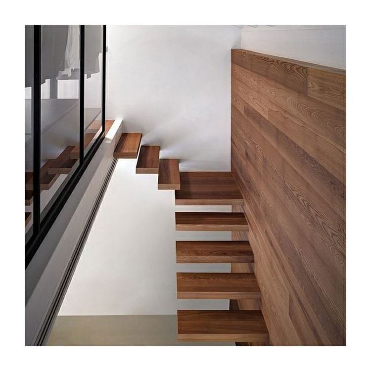 Interior wooden floating staircase wood folding ladder floating stairs white