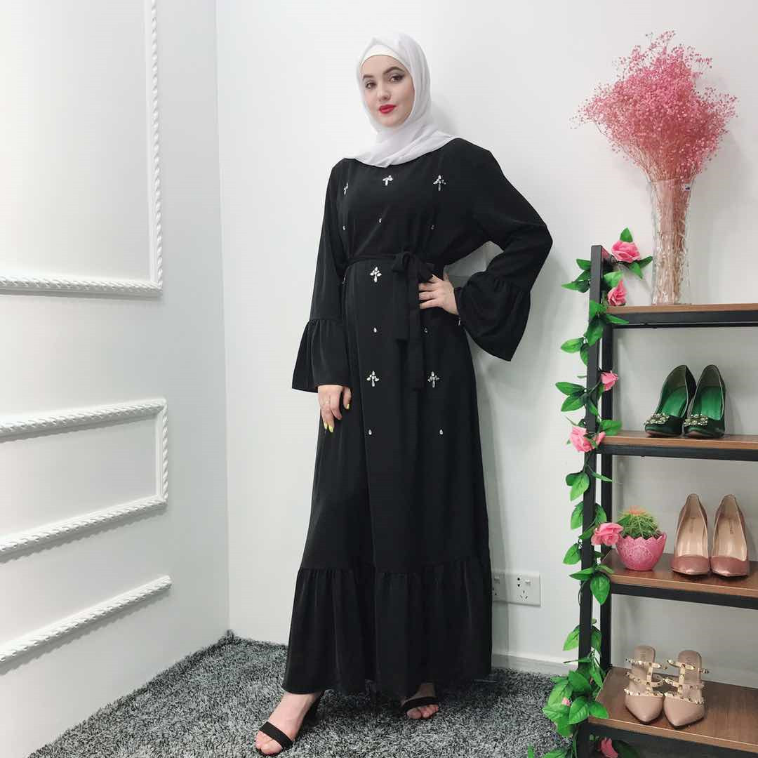 Wholesale fashion cotton islamic dabya dress hand made crystal pearls long abaya skirt for muslim women abaya dress