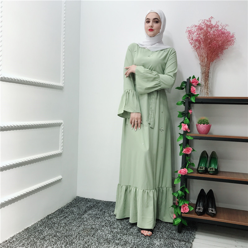 Wholesale fashion cotton islamic dabya dress hand made crystal pearls long abaya skirt for muslim women abaya dress