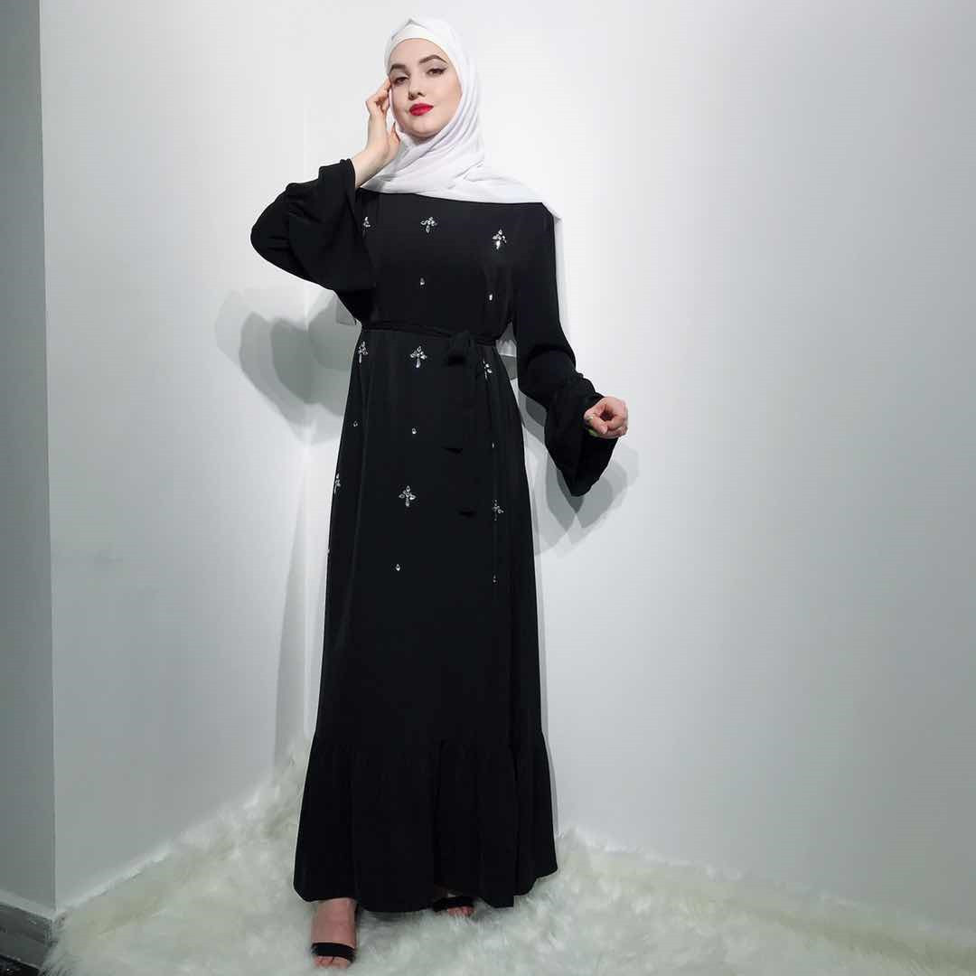 Wholesale fashion cotton islamic dabya dress hand made crystal pearls long abaya skirt for muslim women abaya dress