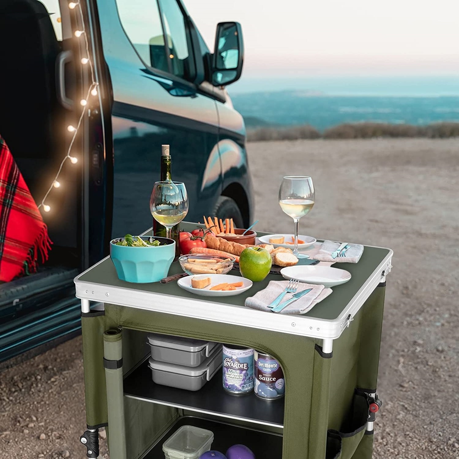 HE-1282,Portable Outdoor Camping Pop Up Folding Table Camping Kitchen Picnic Cabinet Aluminum Camping Kitchen Green Colour