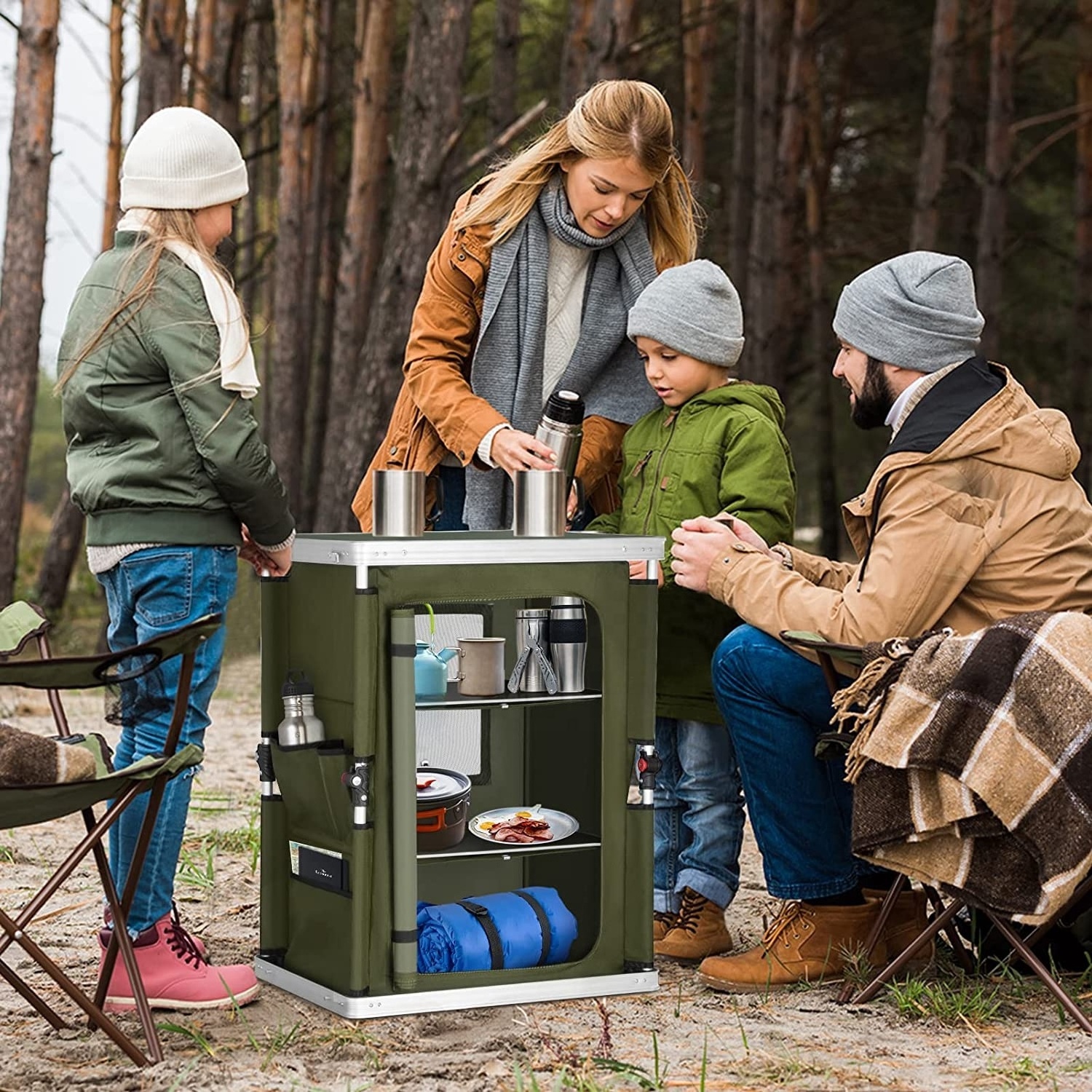 HE-1282,Portable Outdoor Camping Pop Up Folding Table Camping Kitchen Picnic Cabinet Aluminum Camping Kitchen Green Colour