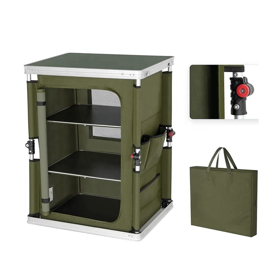 HE-1282,Portable Outdoor Camping Pop Up Folding Table Camping Kitchen Picnic Cabinet Aluminum Camping Kitchen Green Colour