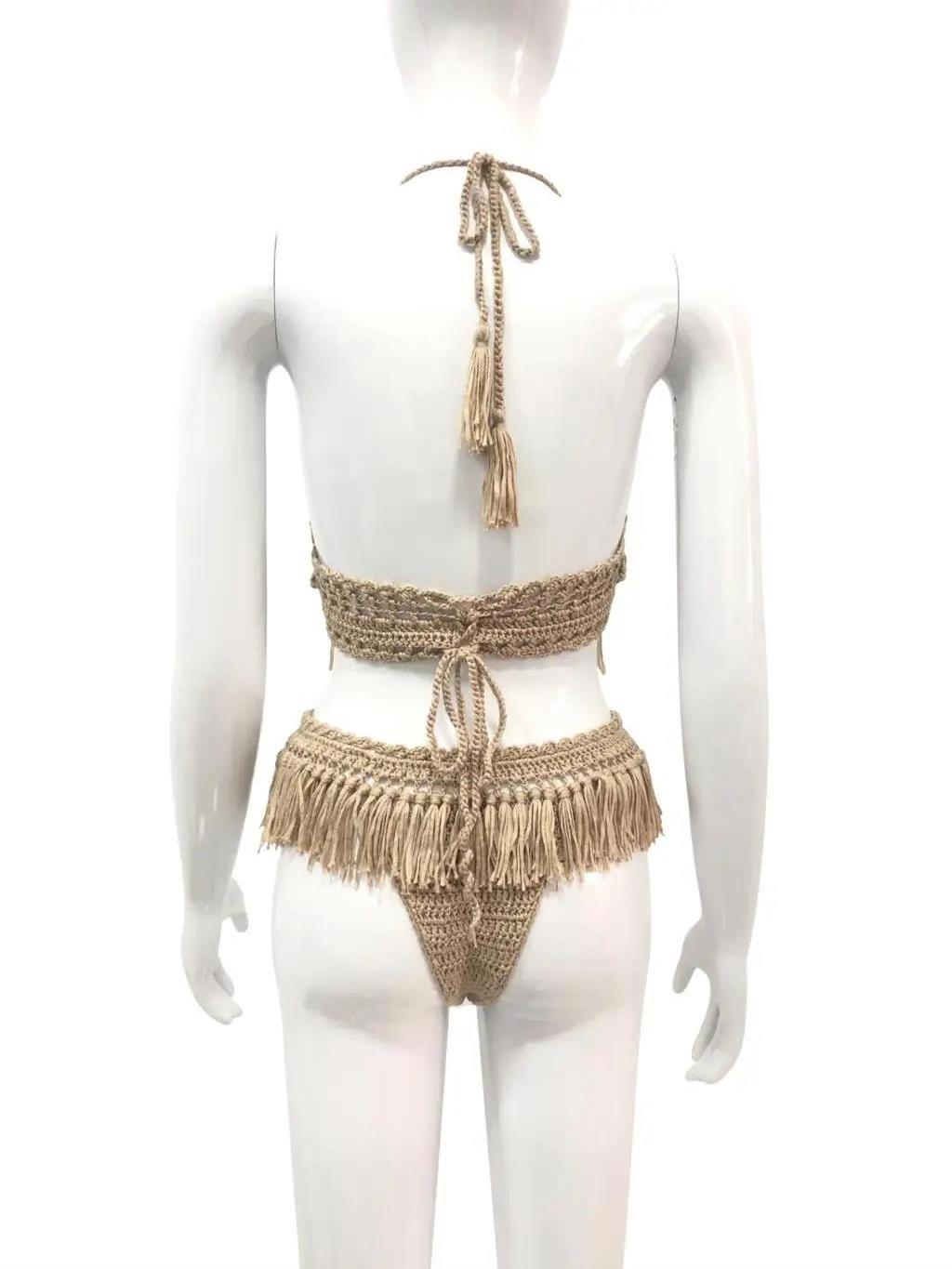 2024 Women Crochet Tassel Bikinis Sets Sexy Lace-up Swimsuit Biquini Brazilian Feminino Transparent Bikini Thong