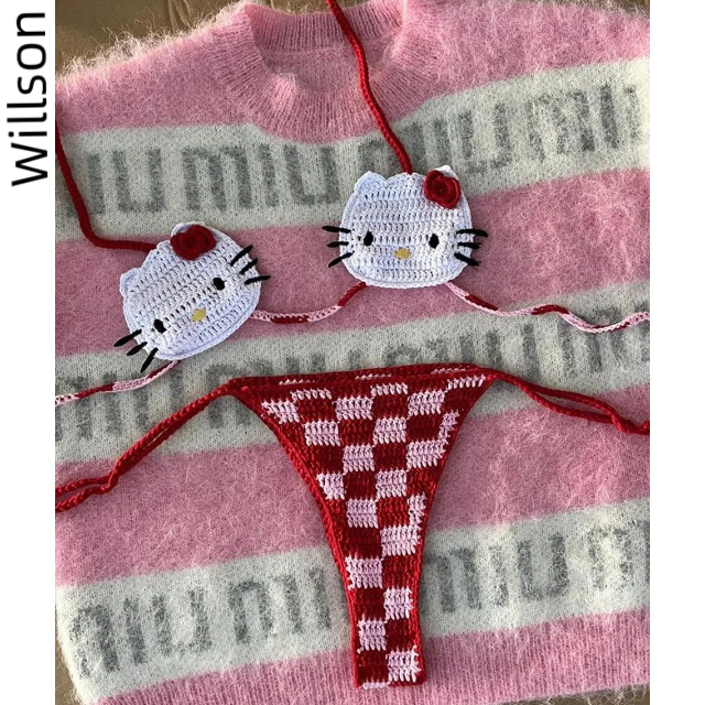 2024 Pink HelloKitty Woman Swimsuit Handmade Crochet Bikini Set Pure Women Swimsuits