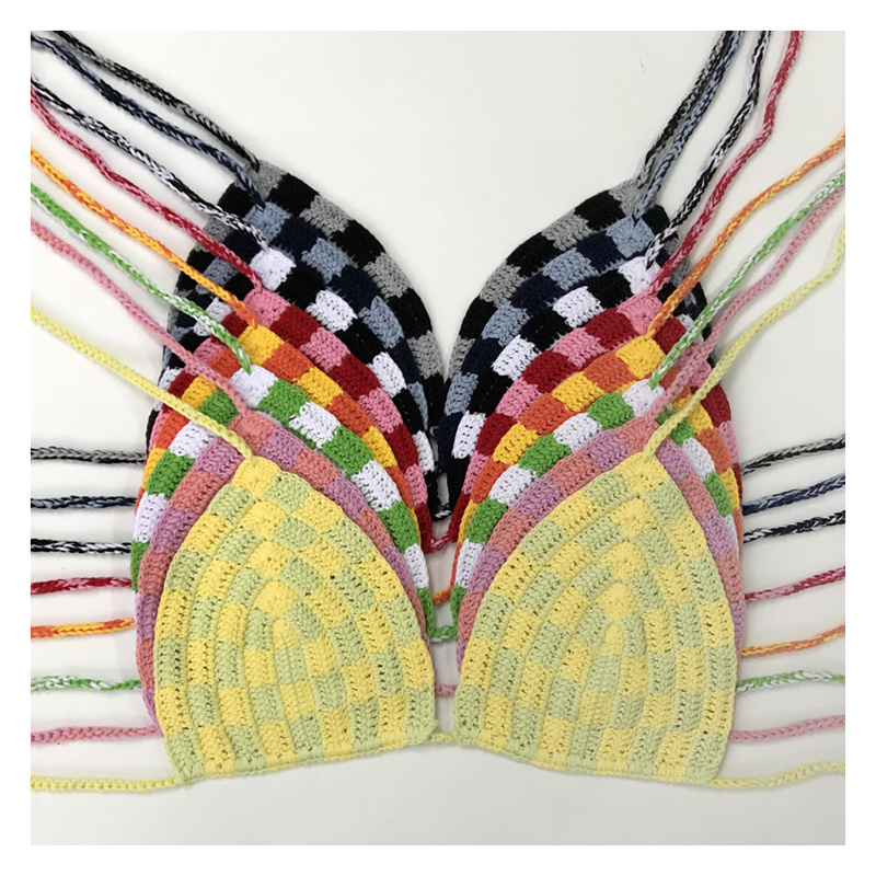 Sexy Crochet Checker Bikini Set Women Swimsuit Colorful Adjustable Cup Swimwear Sexy Girl Lace-up Beachwear